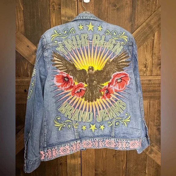 RARE True Religion Embroidered Trucker Jean Jacket Size XS - Picture 1 of 9